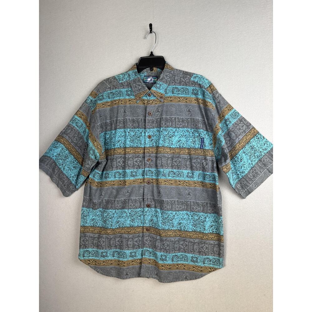 Ocean Pacific Shirt Mens Large Gray Teal Aloha Hawaiian Tribal Short Sleeve OP